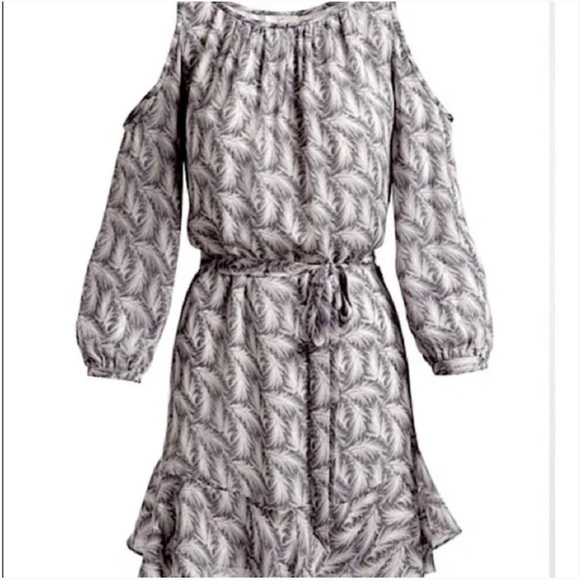 Joie Isaline Feather Cold Shoulder Mini Dress Gray White Print Silk Tie Belt XXS - Picture 4 of 15